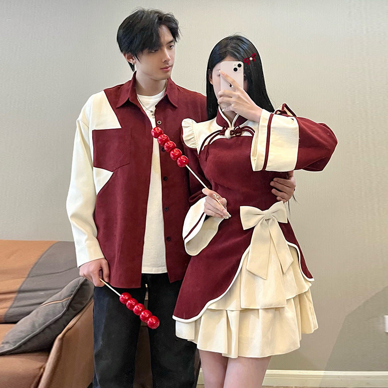 Casual Chinese Style Couple Outfits Women's Festive Cheongsam Collar Dress Men's Shirt Brushed Outerwear 7-day unreasonable behavior