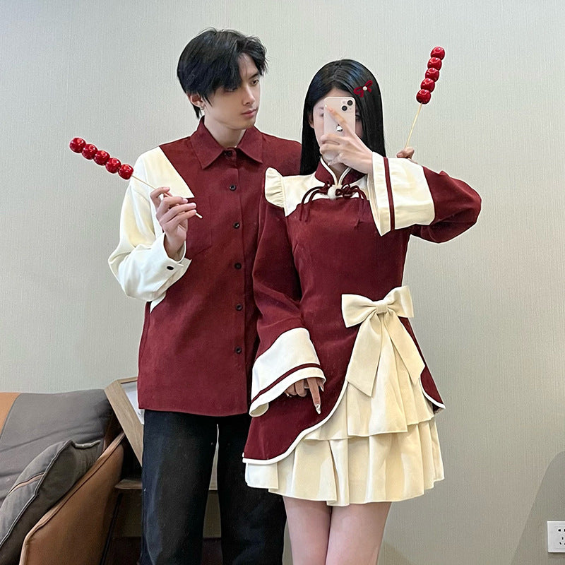 Casual Chinese Style Couple Outfits Women's Festive Cheongsam Collar Dress Men's Shirt Brushed Outerwear 7-day unreasonable behavior