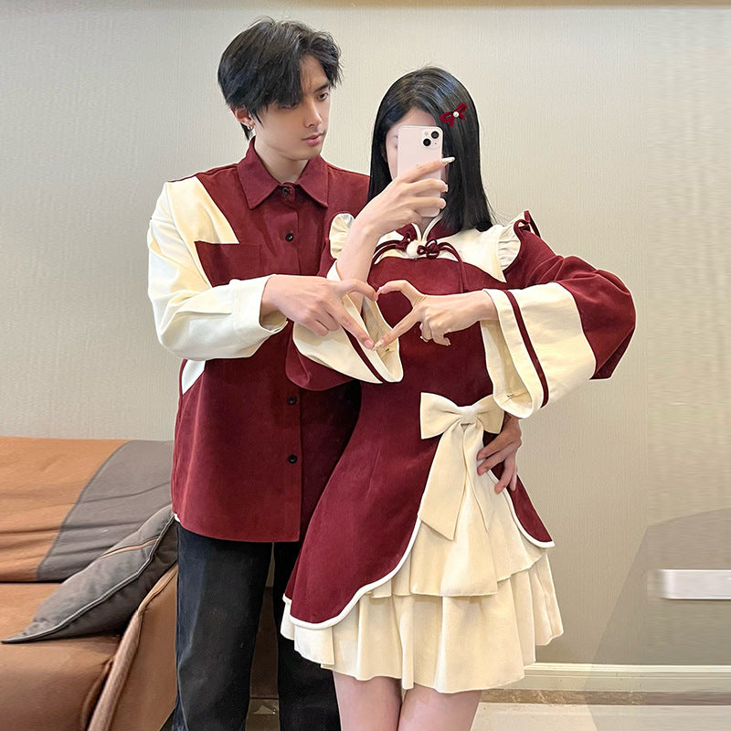 Casual Chinese Style Couple Outfits Women's Festive Cheongsam Collar Dress Men's Shirt Brushed Outerwear 7-day unreasonable behavior