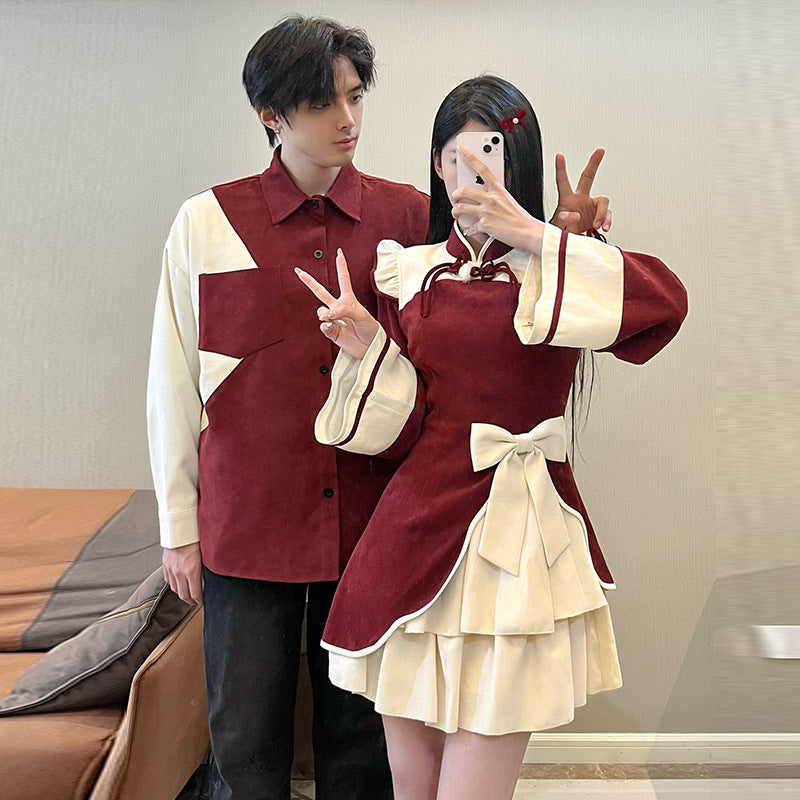 Casual Chinese Style Couple Outfits Women's Festive Cheongsam Collar Dress Men's Shirt Brushed Outerwear 7-day unreasonable behavior