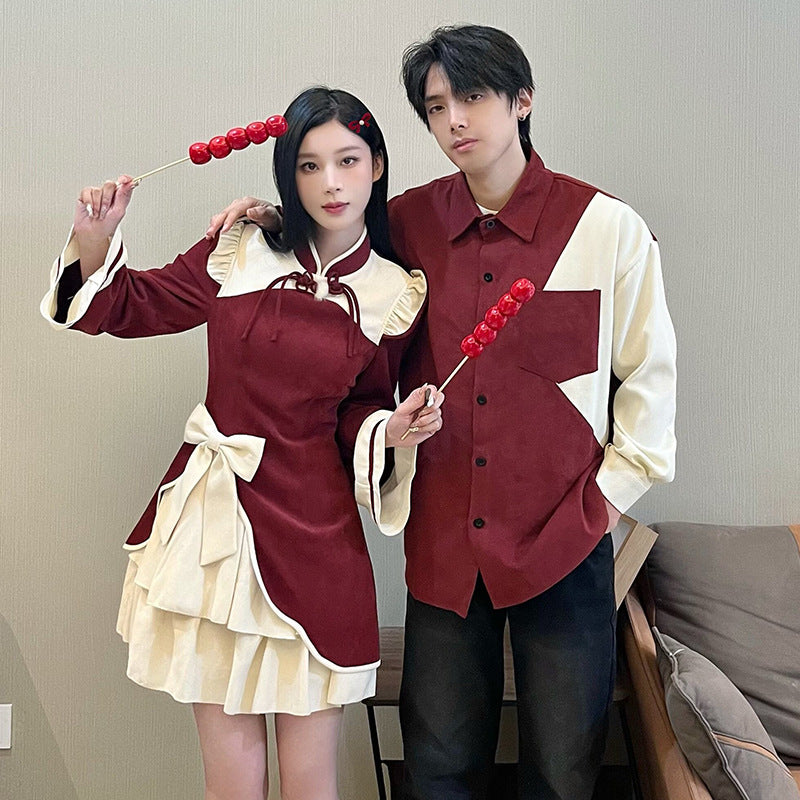 Casual Chinese Style Couple Outfits Women's Festive Cheongsam Collar Dress Men's Shirt Brushed Outerwear 7-day unreasonable behavior
